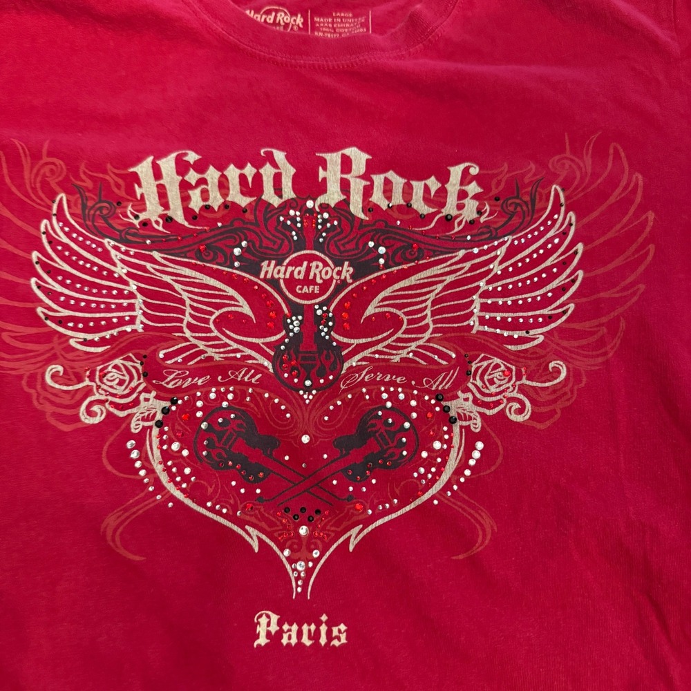 Hard Rock Cafe Paris Red Graphic T-Shirt Rhinestone Winged Heart Women L Y2K